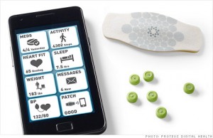 A ingestible sensor from Proteus digital health.