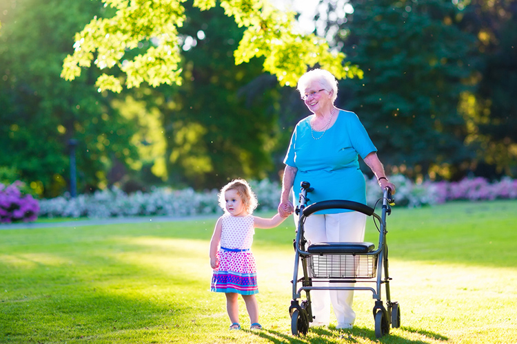 An elderly lady with her niece. Walking Frame