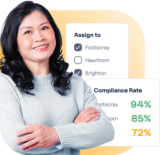 Healthcare manager tracking compliance rates and assigning staff training by facility using Ausmed's multi-site reporting dashboard