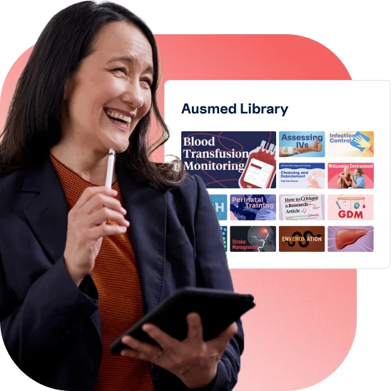 Engaged healthcare educator exploring the Ausmed Library™ on a tablet, featuring clinical training resources from over 150 expert contributors
