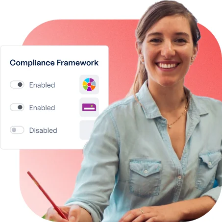 Smiling healthcare professional enabling compliance frameworks on Ausmed's LMS dashboard, with toggles for NDIS Practice Standards, Aged Care Standards, and NSQHS compliance