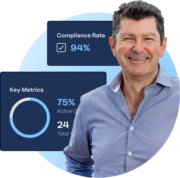 Man looking at camera with interface elements in the background that show a compliance rate of 94% as well as a chart for key metrics
