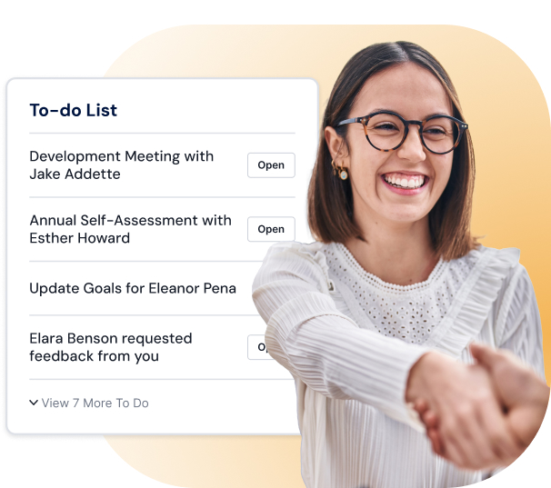Woman meeting a manager of a to-do list that shows things like development meetings, annual self-assessment meetings, etc