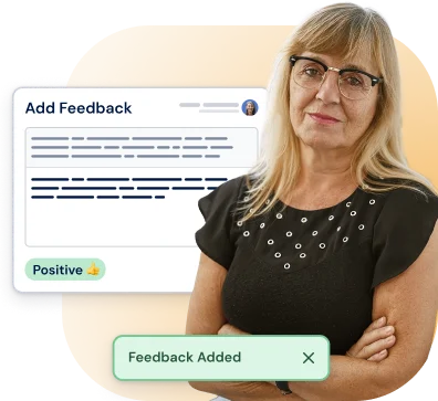 Woman standing in front of a floating interface with a heading 'Add Feedback' and indicator 