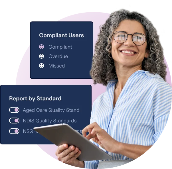 Woman on tablet looking at camera with interface elements in the background that show options for compliant users and reporting by standard