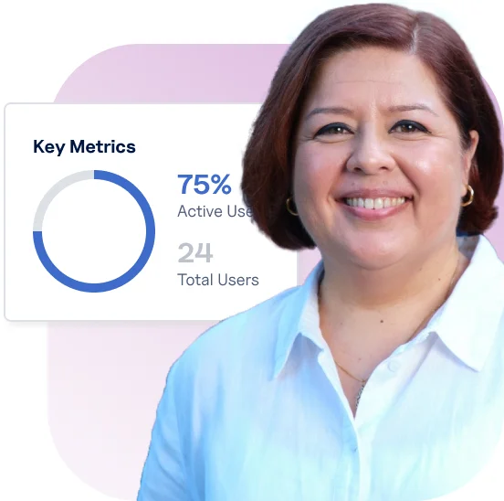 Smiling healthcare manager viewing Ausmed dashboard showing key metrics with 75% active users out of 24 total team members